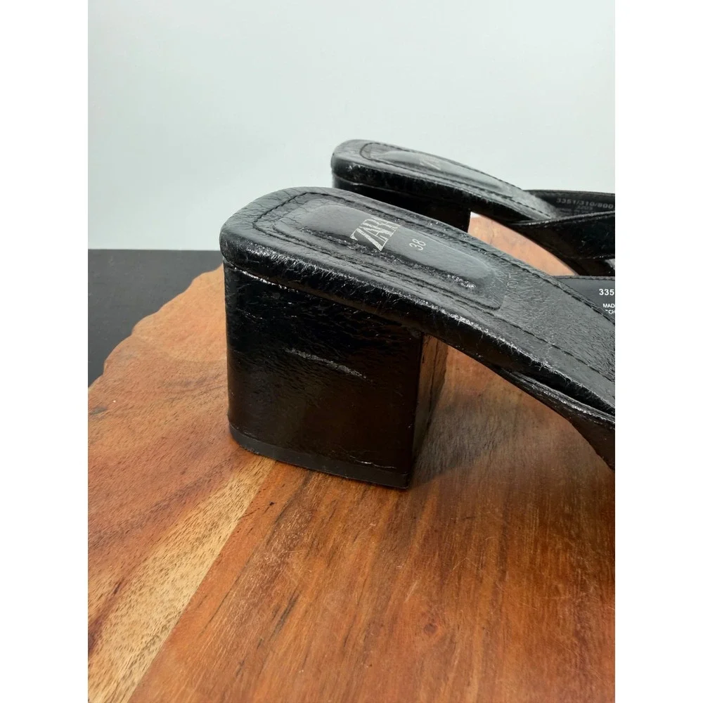 Zara Block Heel Thong Sandals Women 38 7 Black Square Toe Mules 3351/310/800